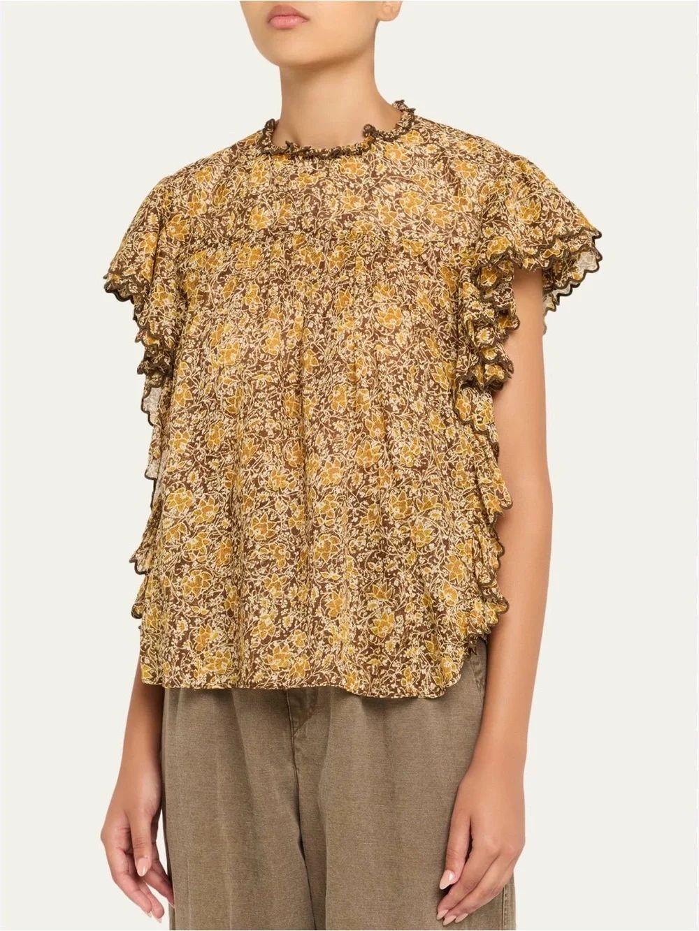 0176 Doe & Rae Yellow Brown Floral Ruffle Tank Top